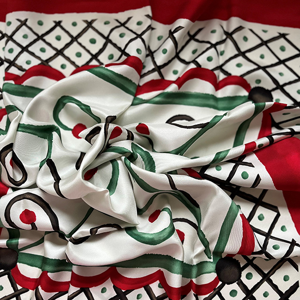 Celia Red Green and Ivory scarf for cancer hat